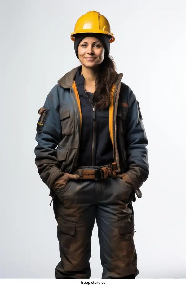 Portrait of a female industrial worker wearing a hard hat and coveralls