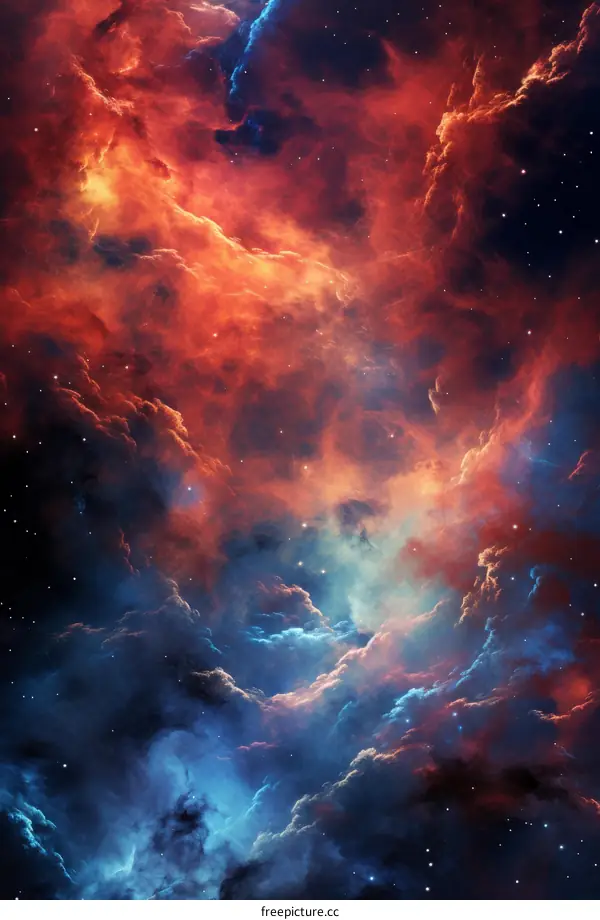 A Beautiful Space Nebula with Red, Orange, Blue, and Purple