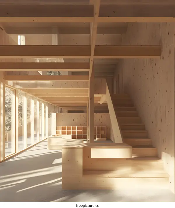 Modern Wooden Interior Design with Staircase and Windows