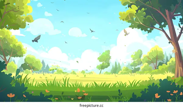 Cartoon Illustration of a Green Forest Landscape