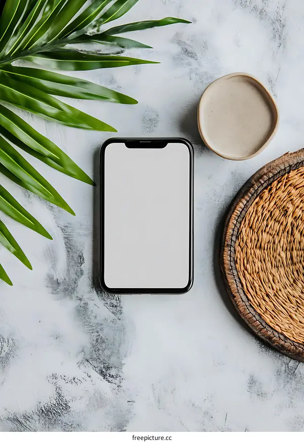 Modern Minimalist Flat Lay With White Smartphone and Green Palm Leaf