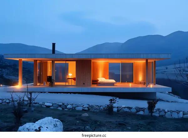 Modern Wooden House with Mountain View at Dusk