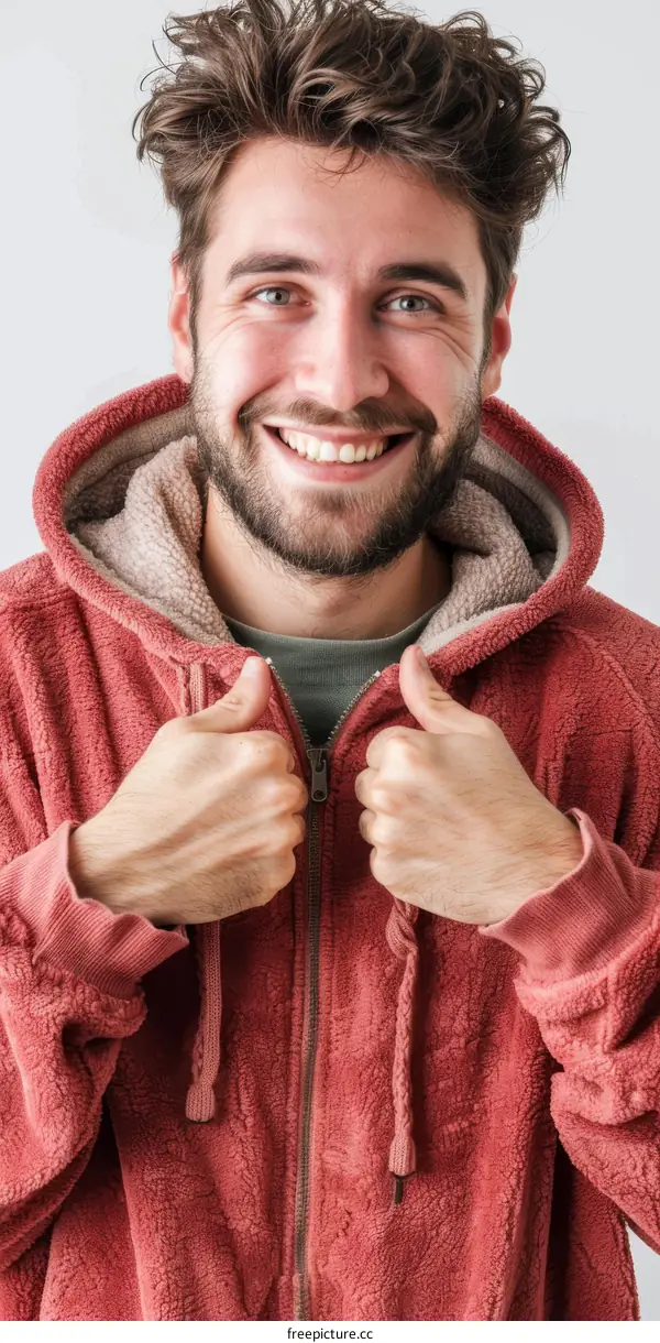 Smiling Man Wearing a Red Hoodie Giving a Thumbs Up