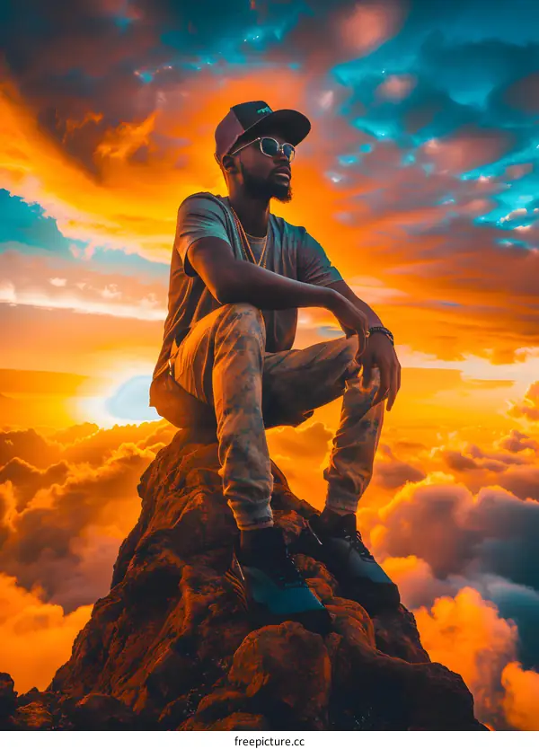 Man Sitting on Mountain Top with Sunset in the Background