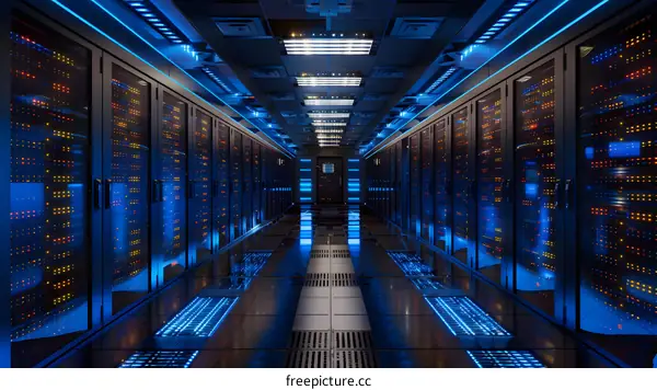 Futuristic server room with blue lights