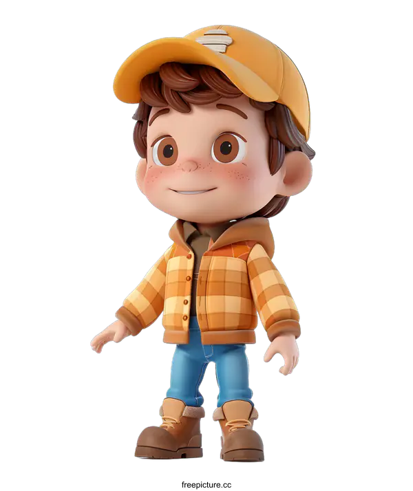[Transparent Background PNG]A 3D rendering of a boy wearing a plaid shirt and brown cap