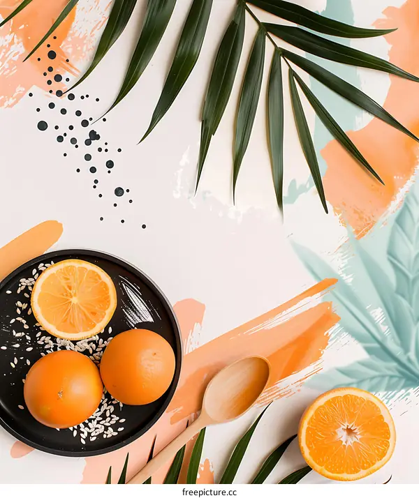Tropical Fruits Flat Lay with Orange and Palm Leaves