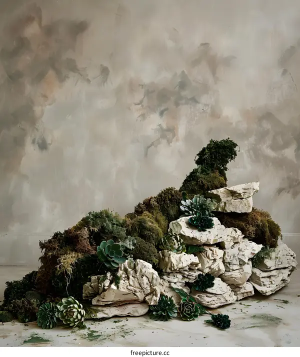 Green Moss And Succulents On White Rock