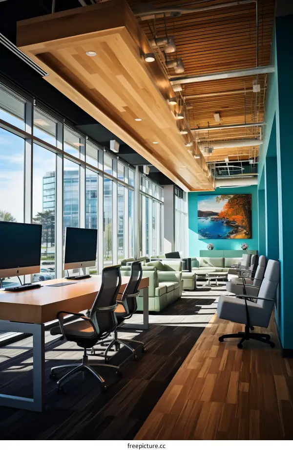 Modern office interior with large windows, wooden ceiling and blue accent wall