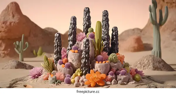 Desert Landscape with Cactus and Flowers
