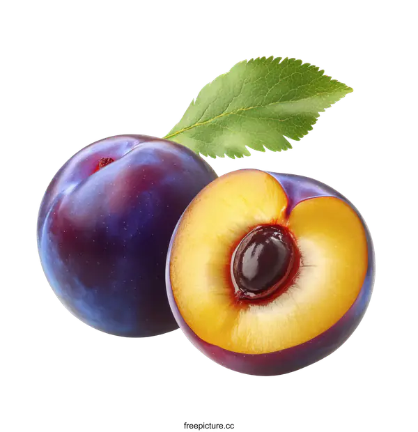 [Transparent Background PNG]Fresh Ripe Plums with Green Leaf