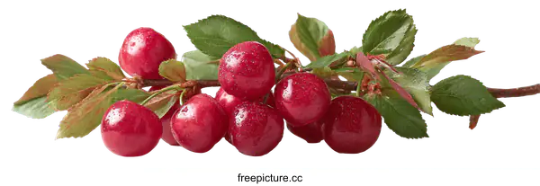 [Transparent Background PNG]Fresh Red Cherries on Branch with Leaves