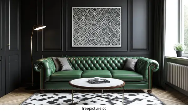 Classic Green Chesterfield Sofa in a Dark Room