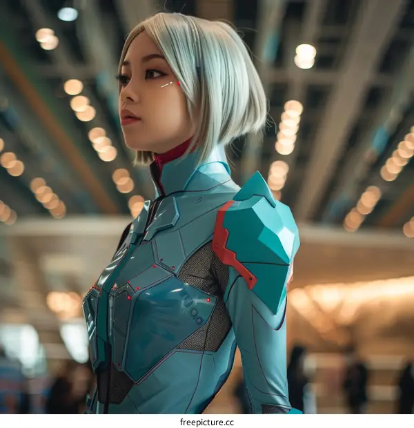 Portrait of a young woman with short white hair and blue eyes wearing a futuristic armor costume