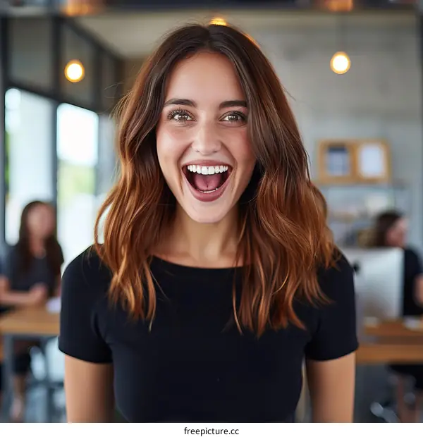 Portrait of a young woman with long brown hair smiling happily in the office