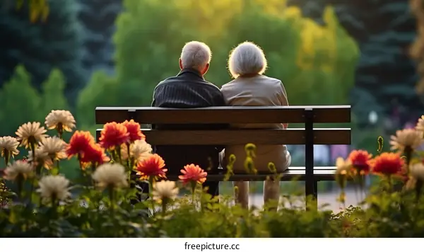 Elderly couple sitting on a bench in a park surrounded by flowers