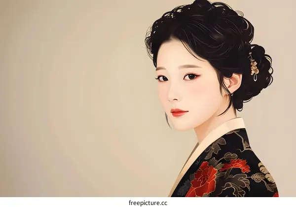 Illustration of a beautiful woman in hanbok