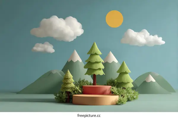 Colorful Cartoon Mountains and Trees Landscape Illustration