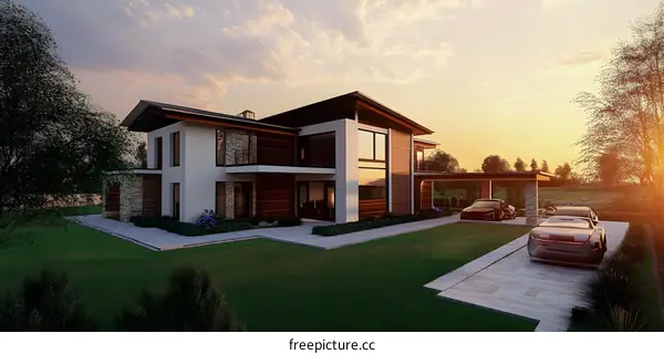 Modern Home Exterior Design With Sunset