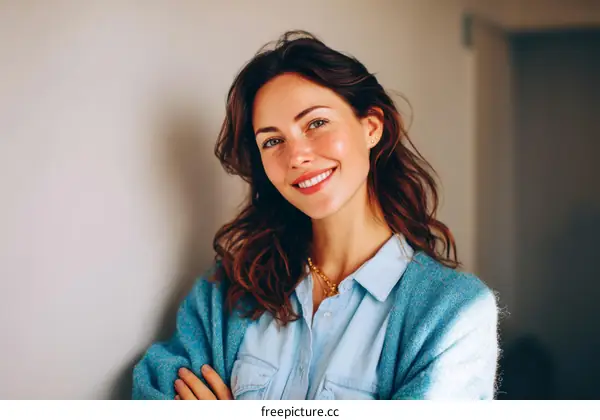 Smiling Caucasian Woman Portrait Against a Light Gray Wall