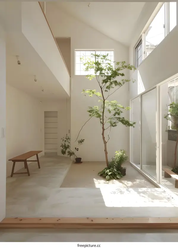 Minimalist Interior Design With Small Tree In Courtyard
