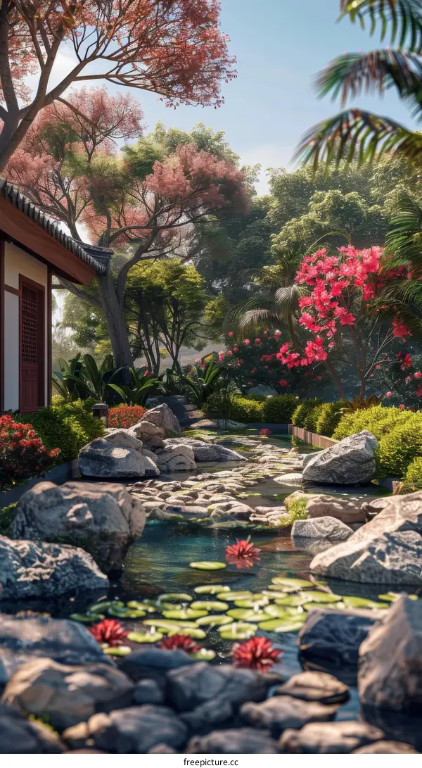 Beautiful Zen Garden with Tranquil Water Feature