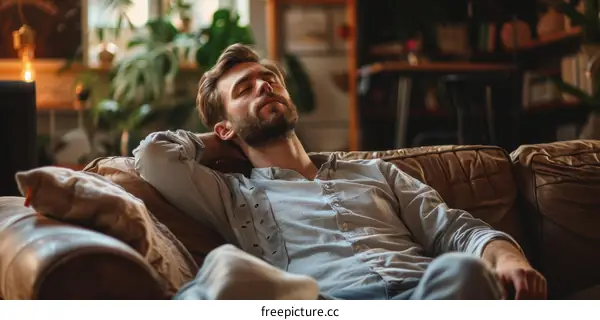 Bearded man sleeping on couch
