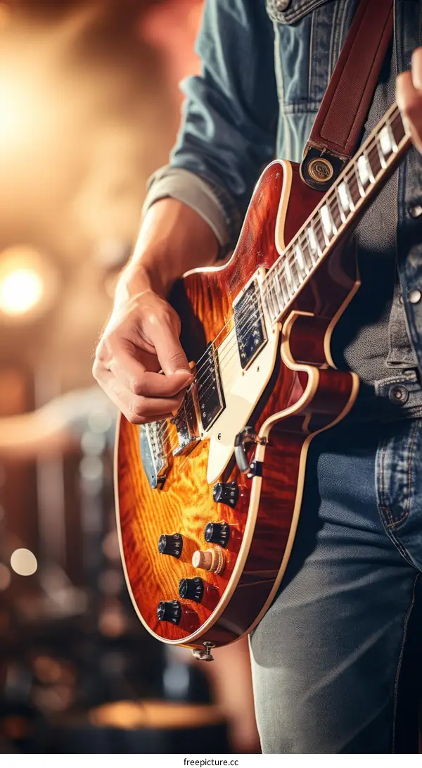Close-up of a musician playing the guitar on stage