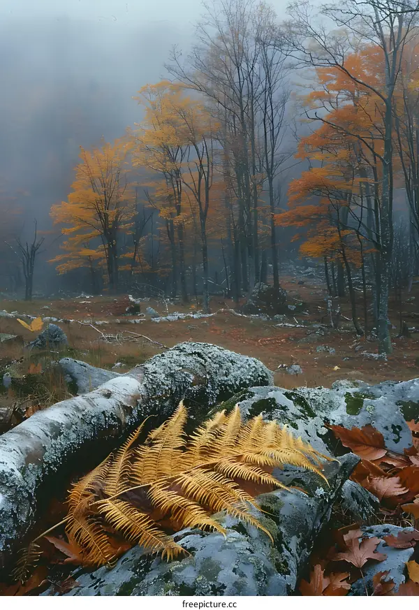 colorful autumn forest with rocks and fallen leaves