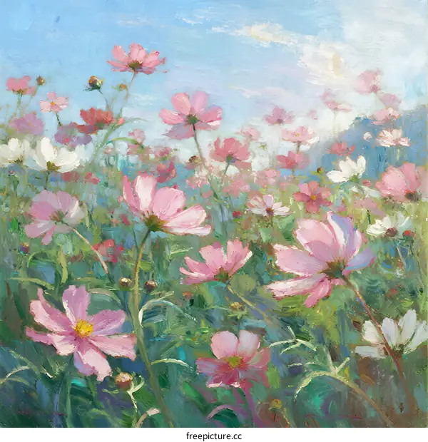 A Vibrant Field of Pink Cosmos Flowers Under Blue Sky