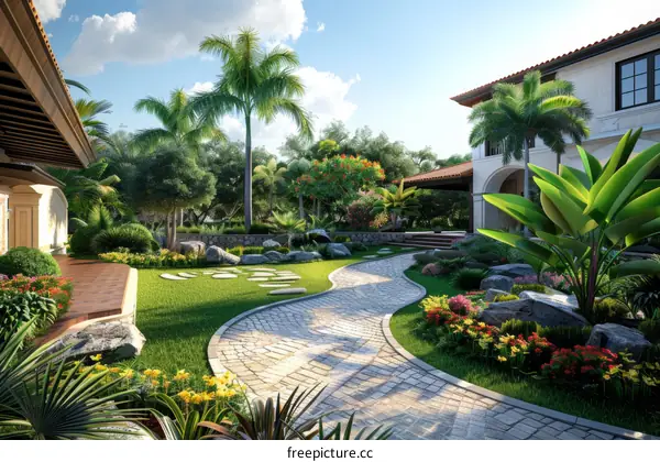 Stone Path Leading Through a Lush Tropical Garden