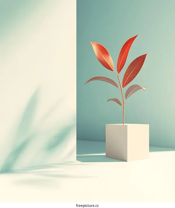 Minimalist Plant on Cube with Shadows