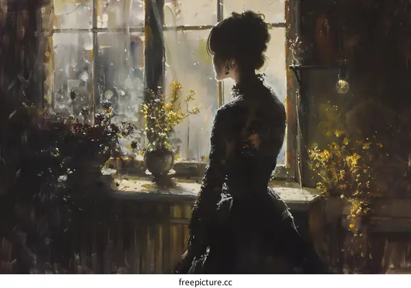 Lady in black dress standing by the window