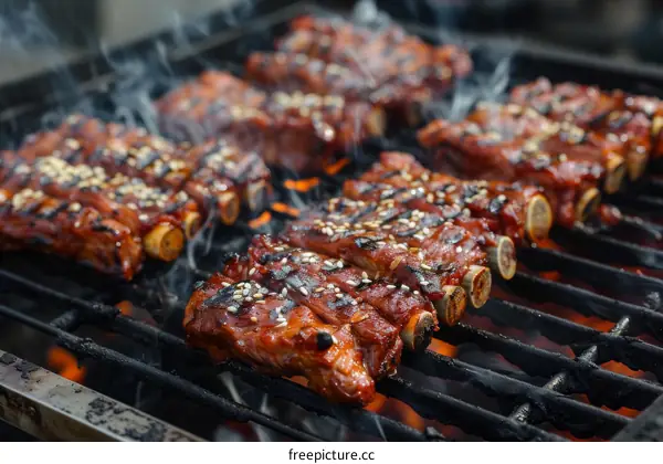 A group of pork ribs are being grilled on a barbecue.