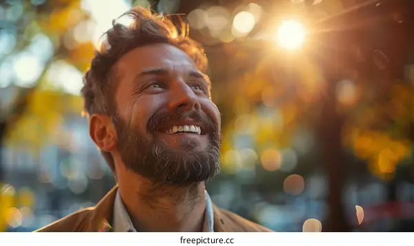 Man with a beard smiling in the sunlight