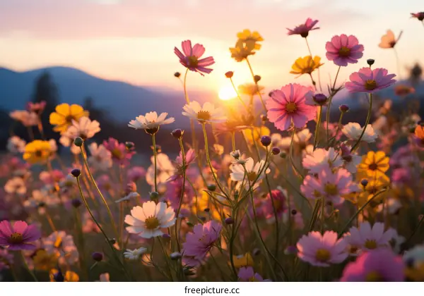 Pink Cosmos Field at Sunset
