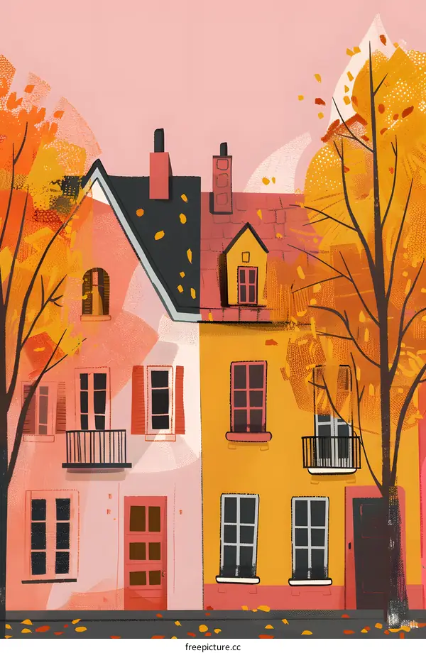Autumn Leaves Fall on Two Colorful Houses