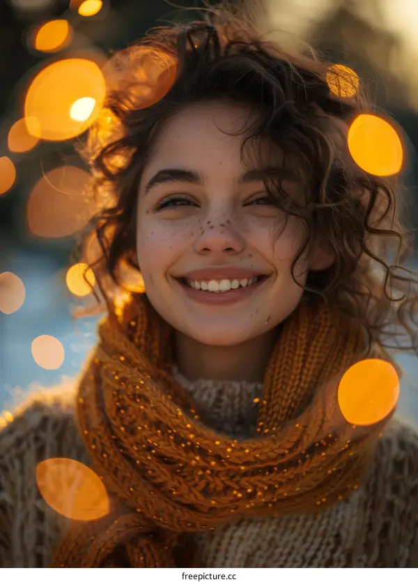 Young Woman with Curly Hair Smiling in Bokeh Lights