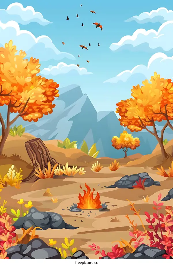 Autumn Landscape with Fire and Birds
