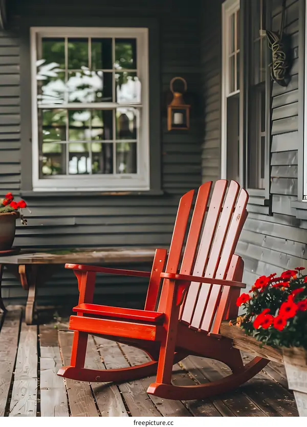red wooden rocking chair on wooden porch with potted plants
