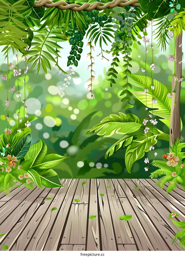 Tropical Rainforest Jungle Illustration With Wooden Platform