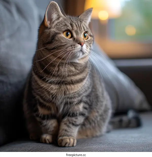 A cute tabby cat is sitting on a gray couch and looking away