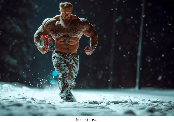 Buff Christmas Delivery Man Running Through Snow