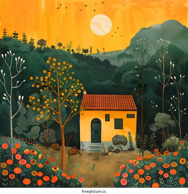 Yellow Cottage In The Woods
