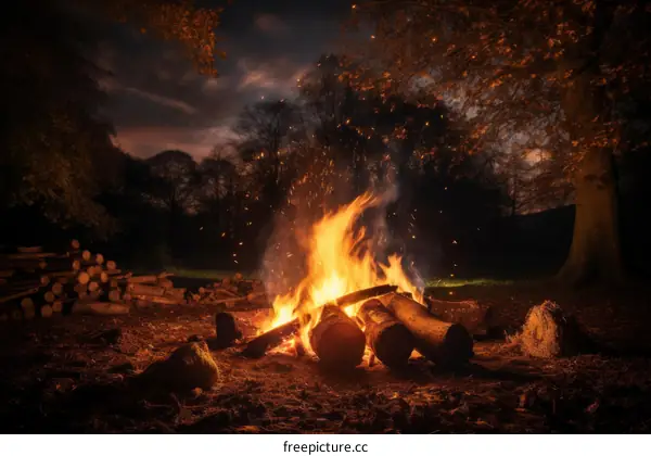 A bonfire burns brightly in a forest at night
