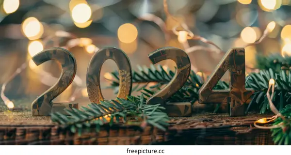 Wooden 2024 sign with blurred lights in the background