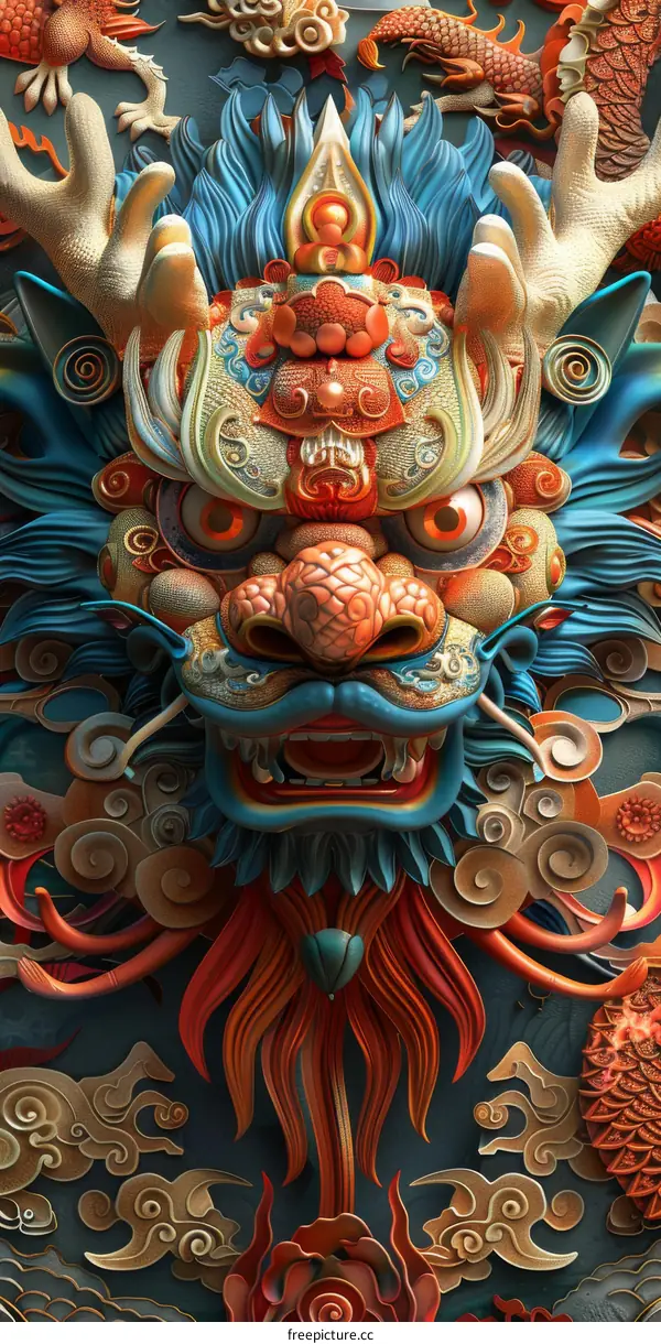 A detailed 3D render of a colorful Chinese dragon head with blue scales and red eyes surrounded by祥云纹样 clouds