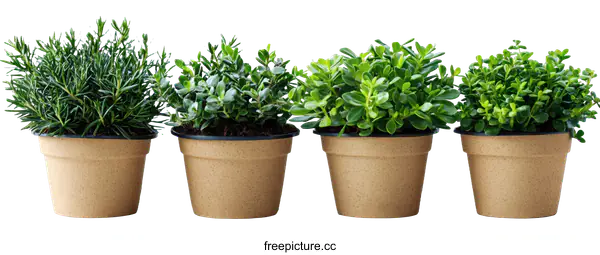 [Transparent Background PNG]Four Potted Plants in a Row Against a White Background