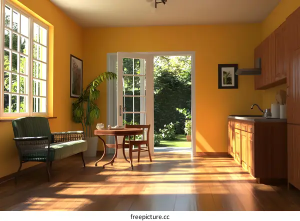 Modern Kitchen Interior Design With Yellow Walls and Wooden Cabinets