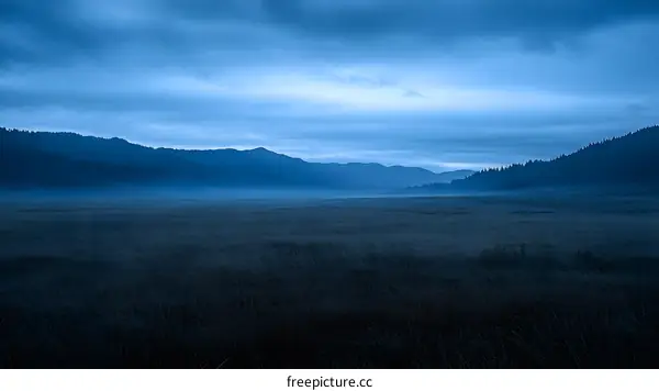 Blue Hour in the Mountains with Foggy Meadow